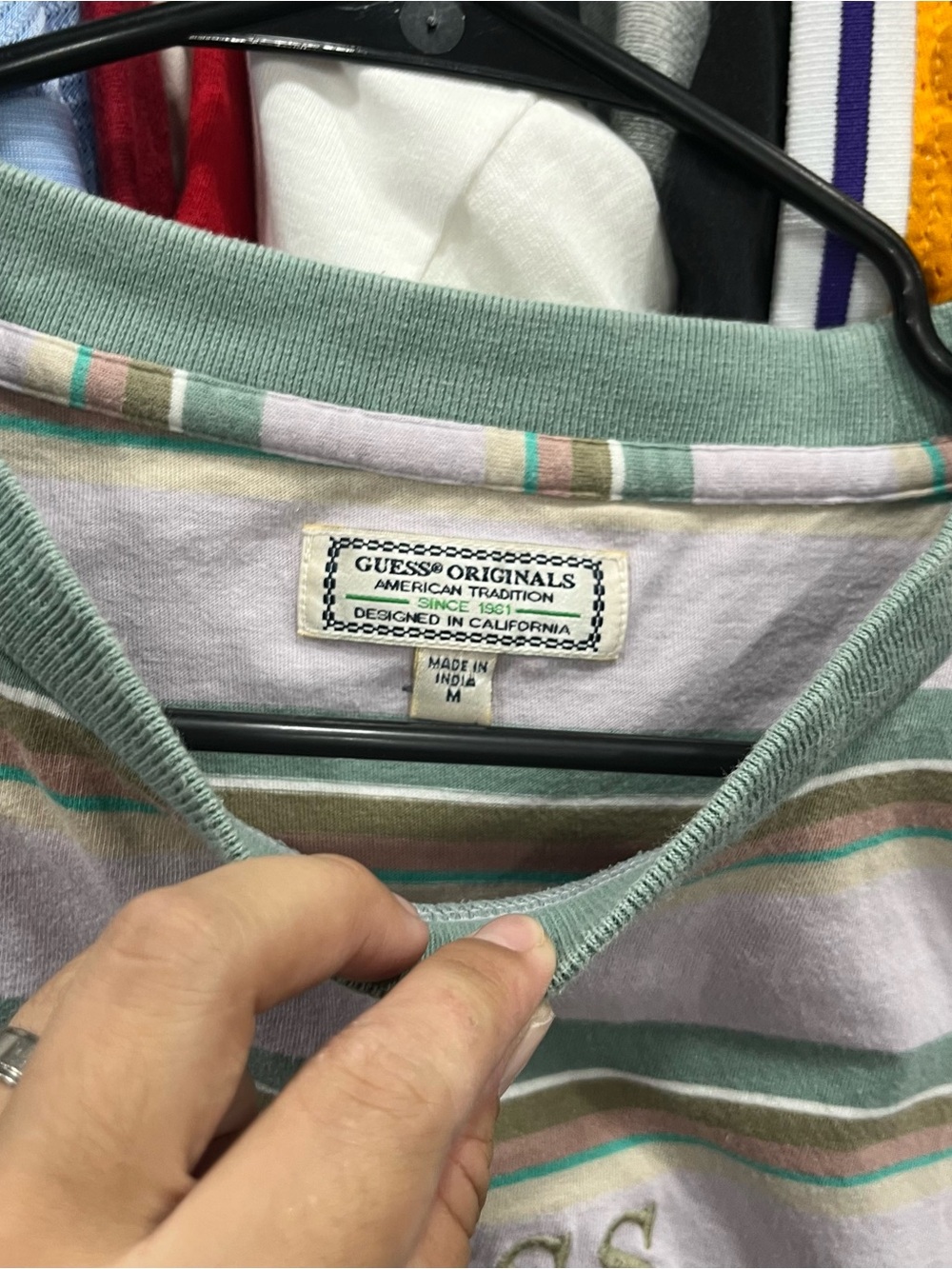 GUESS Striped Short-Sleeve Tee in Green, White & Tan - Picture 2 of 3